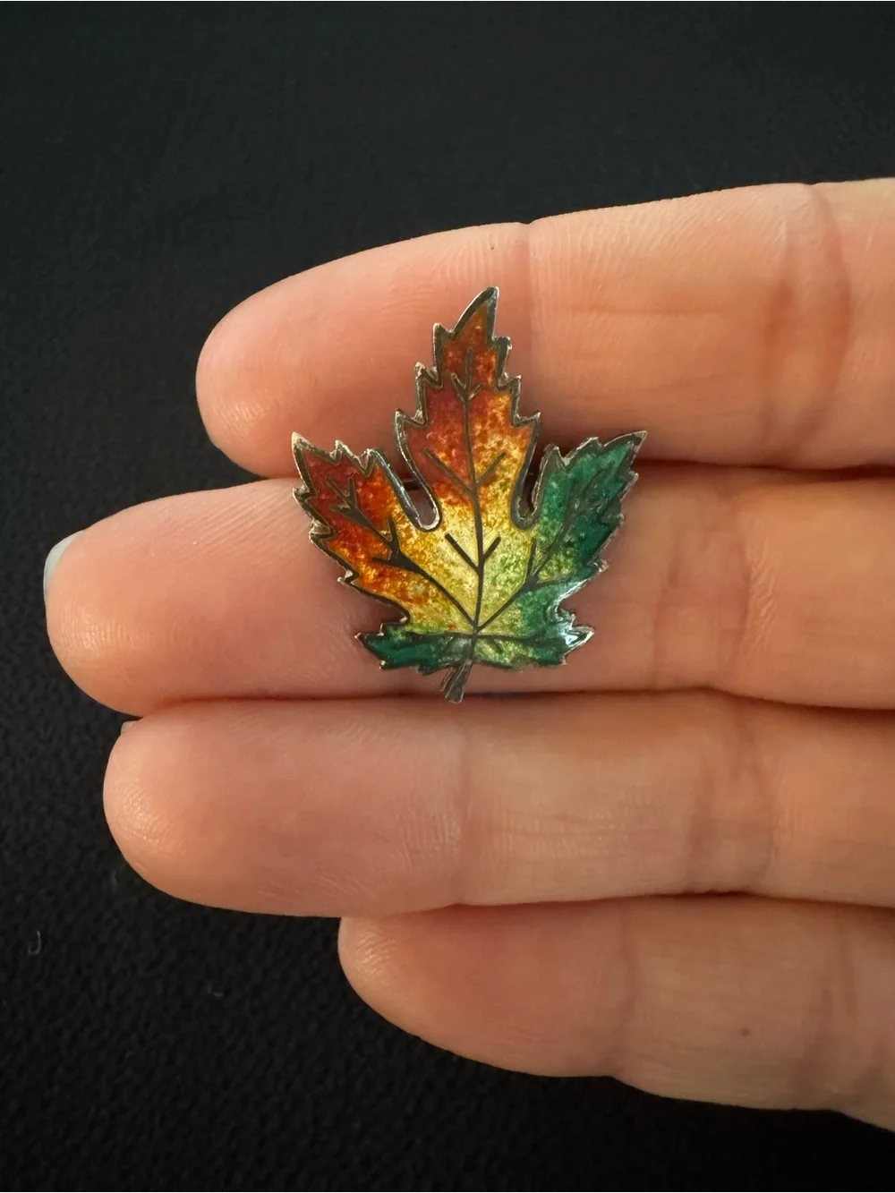 Antique Sterling Silver Enamel Maple Leaf Brooch - Fall Autumn - Vintage Pin